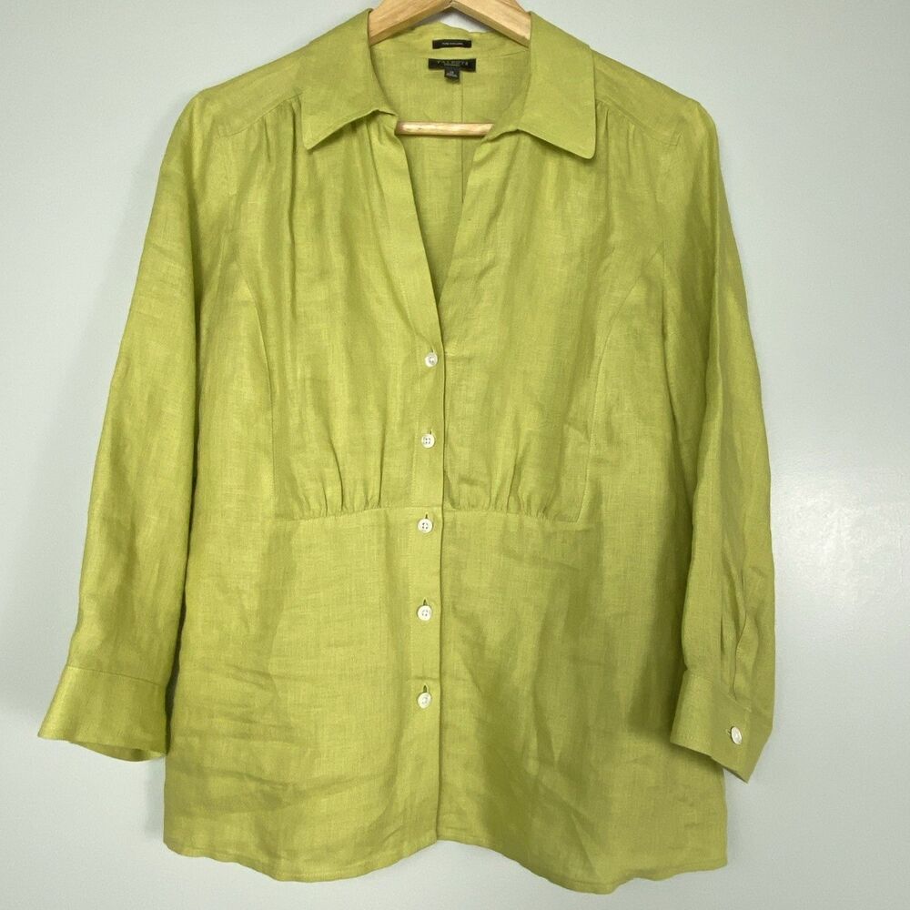 Talbots Woman blouse Sz 12 Green Pure Irish Linen 3/4‎ Sleeve Button V-neck NWOT